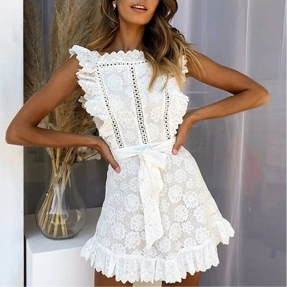 Dresses & Skirts - Elegant White Lace Vintage Ruffle Mini Dress M NWT